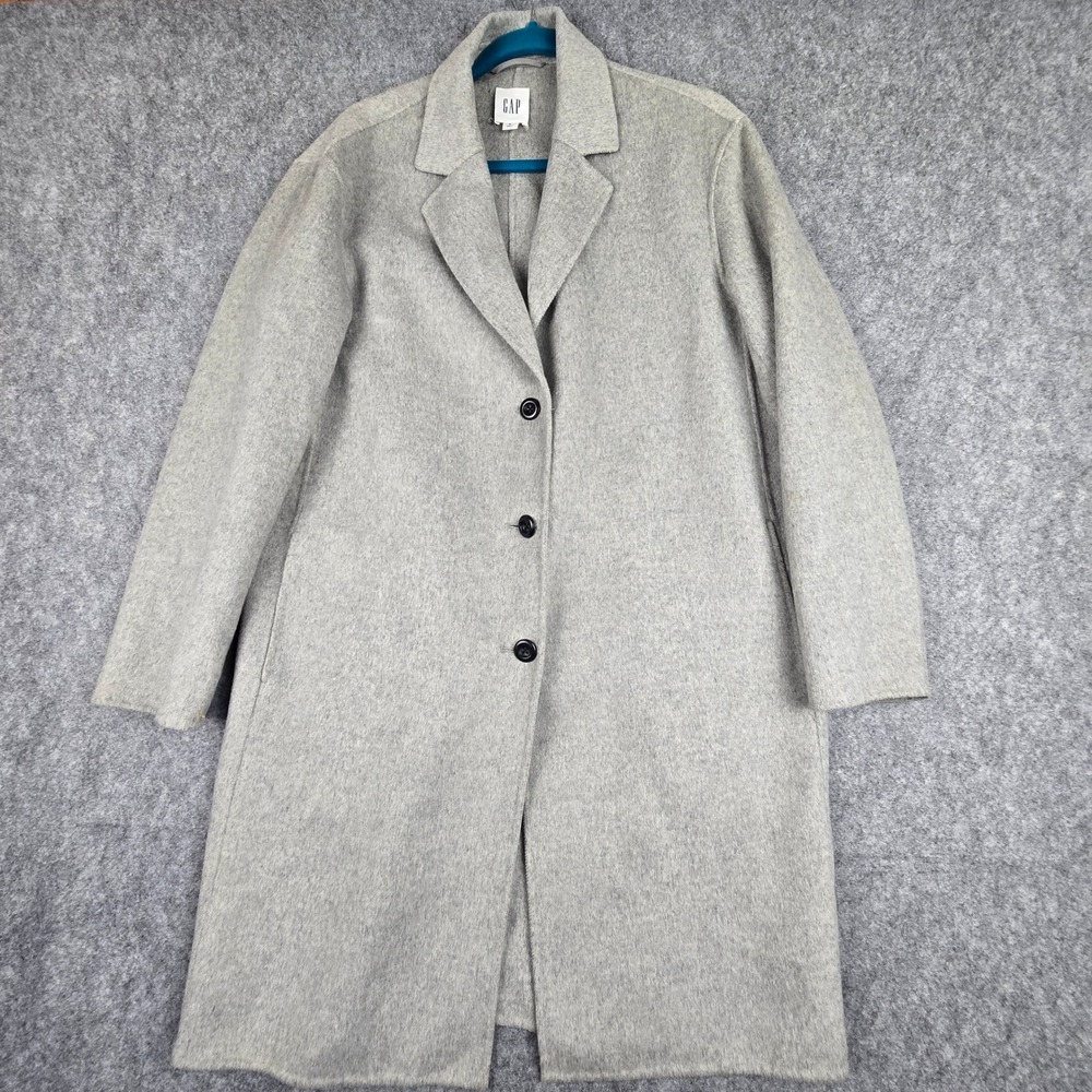GAP Womens Medium Gray Wool Blend Car Coat Long Notch Lapel Button Front Jacket